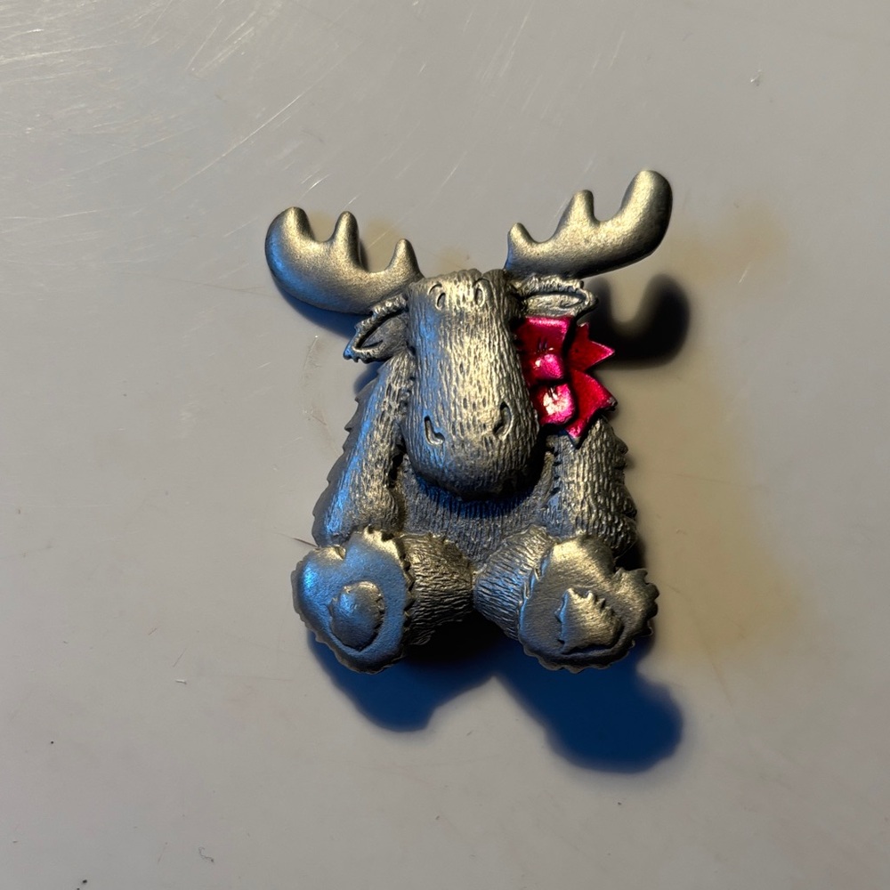 Adorable Silver Moose Brooch with Red Bow